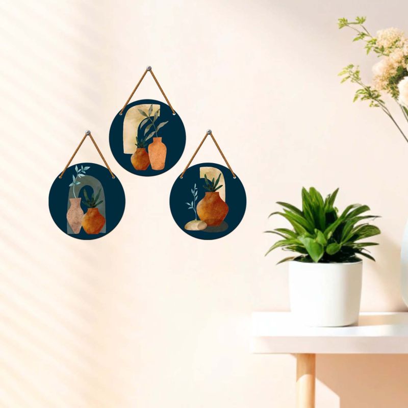 3-Piece Boho Round Wall Hanging Art Set Modern Abstract Circle Wooden